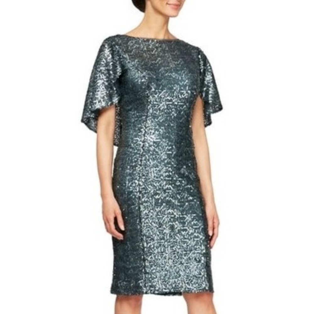 Alex Evenings Plus Size Knee-Length Blue Silver Sequin Sheath Cape Dress 14 NWT